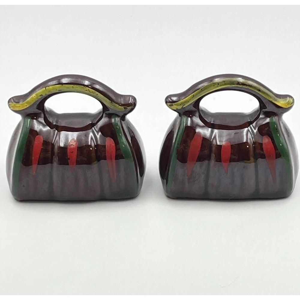 Vintage Ceramic Women's Purses Salt‎ & Pepper Shakers Brown Hand Bag 1950s